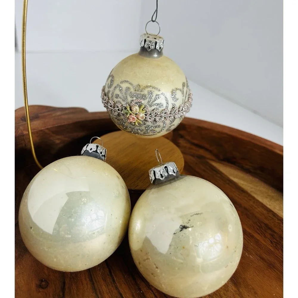 Vintage Krebs Victorian Glass Christmas Ornament Set Stunning Pearl Ivory Silver